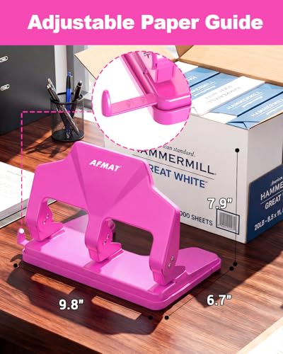 Image of AFMAT 3 Hole Punch Heavy Duty, 40-Sheet Three Hole Punch, 50% Reduced Effort, 3 Hole Puncher for Binder w /Large Chip Tray, 9 /32 inch Holes Diameter, Metal Paper Puncher for Home /Office /School, HP14(Pink)