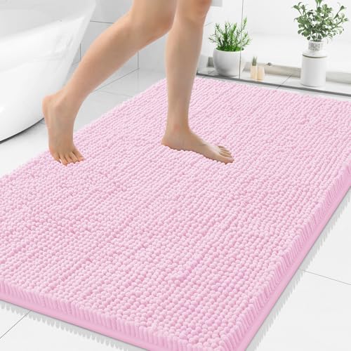 Smiry Luxury Chenille Bathroom Rugs 40x32, Extra Soft and Absorbent Shaggy Bath Mat, Machine Washable, Non-Slip Plush Carpet Runner for Tub, Shower, and Floor, Home Decor Accessories, Pink