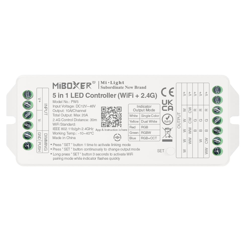 LGIDTECH PW5 Miboxer - Tira de luces LED 5 en 1 de alta potencia, salida máxima de 20 A, control de aplicación Tuya directamente, compatible con control de voz Alexa Google Home