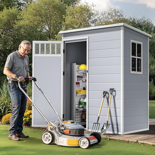 Image of DWVO 5x3FT Outdoor Storage Shed with Fence-Style and Side Windows, Floor, Lockable Doors, Plastic Storage Shed for Backyard and Garden, Gray