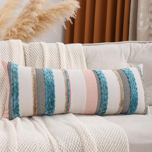 Tosleo Coastal Lumbar Throw Pillow Cover 14x36 Boho Decor Turquoise Blue