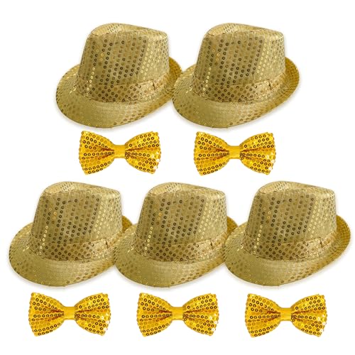 Sequin Hat for Women Men Set 5, Sparkly & Glitter Fedora Cap & Bling Bow tie for Stag Party & Graduation Ball U1-6Y-S (Gold/Yellow, one Size)