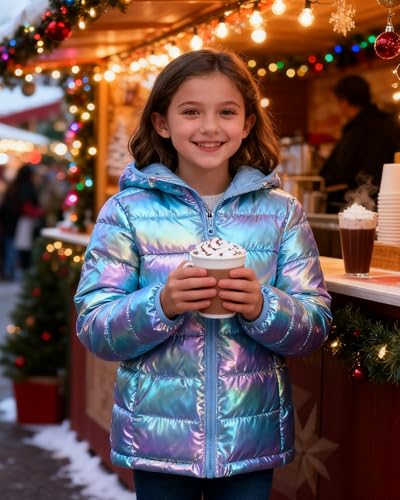 Image of Lovekider Hooded Puffer Jacket for Girls 4-12T Down-Alternative Winter Coat Shiny Outerwear for Kids