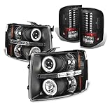 AKKON - For 2007-2013 Chevy Silverado Pickup Dual Halo DRL Projector Black Bezel Headlights + Tail...