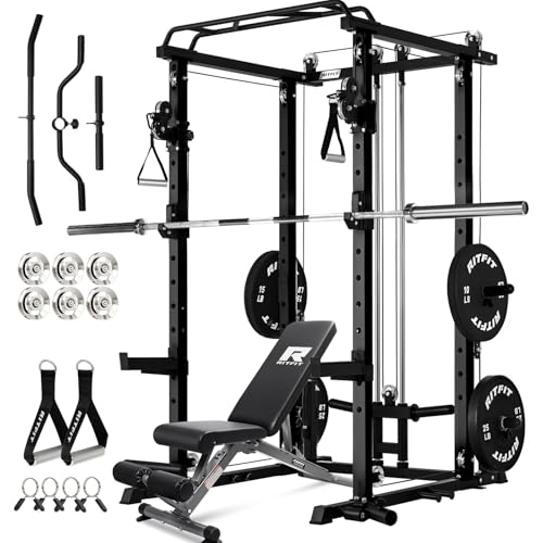 Image of RitFit Multi-Function Garage & Home Gym Package Includes 1200LBS Power Cage PPC03 /P3 with Cable Crossover System, Weight Bench, Olympic Barbell Weight Set, Full Body Workout