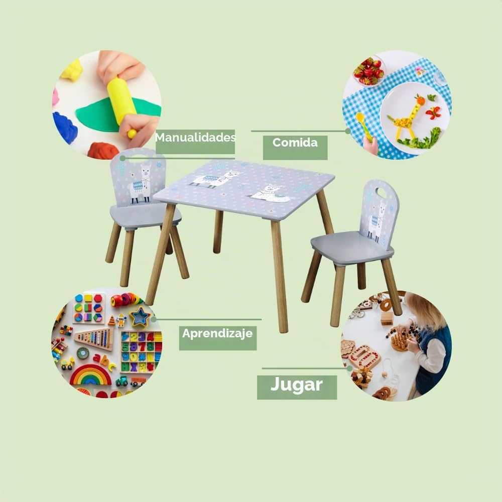 Kesper Mesa Infantil con 2 sillas, Material: Tablero de Fibra, Dimensiones: 55 x 55 x 45 cm, diseño: Alpaca, Color: Gris | 17702 13