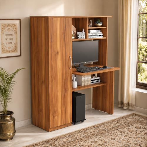 Image of Studio Kook Noble Study and Computer Table with Storage, Amber Walnut | Space-saving engineered wood desk with enclosed cabinet, open shelves and overhead storage. Ideal for study or computer use.