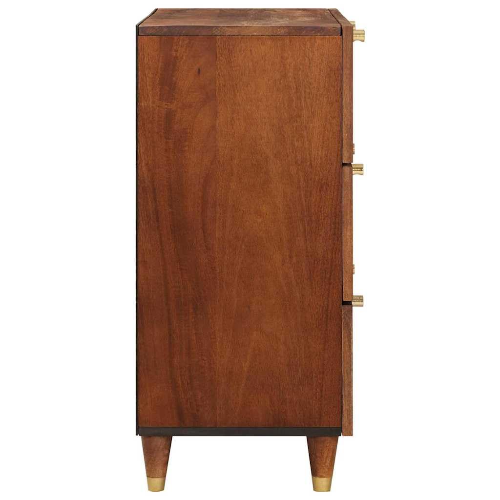 Kredens brązowy z litego drewna mango, 60 x 33 x 75 cm, z 3 szufladami i miejscem do przechowywania, uniwersalna szafka do przechowywania do salonu, biura, kuchni, przedpokoju i warsztatu