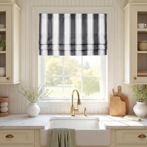Image of TWOPAGES No Drill Wide Stripe Roman Shades Cordless Roman Blinds for Windows, Custom Made Light Filtering Blackout Blinds Farmhouse Shades for Kitchen, Black Bordered Wide Bar, 1 Piece