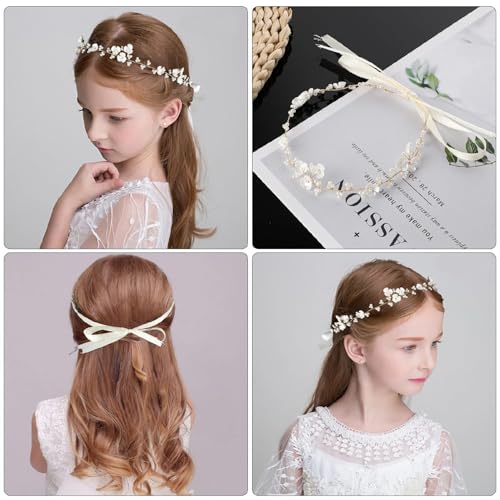 2 Stück Blumenkranz Haare Kinder, Kopfschmuck für die Erstkommunion für Mädchen, Haarschmuck für Blumenmädchen, Hochzeit Blumen Haarkranz Perle Haarreifen Kopfbedeckung