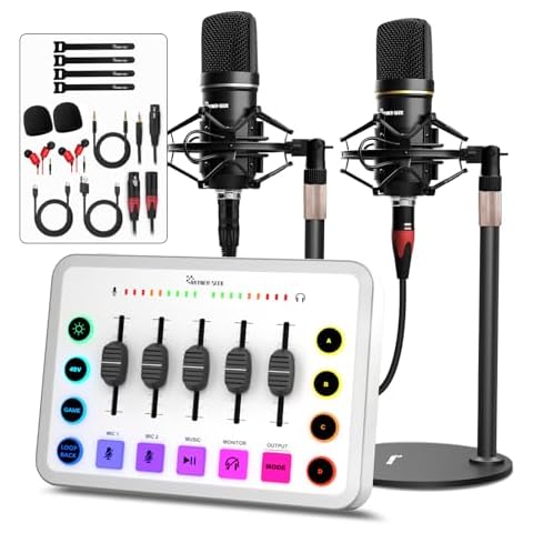 Podcast Equipment Bundle for 2, Streaming Audio Interface with 5 Channel, XLR Microphone Interface, RGB,48V Phantom Power, Perfect for Game,Podcast,Record,TikTok-White Cover