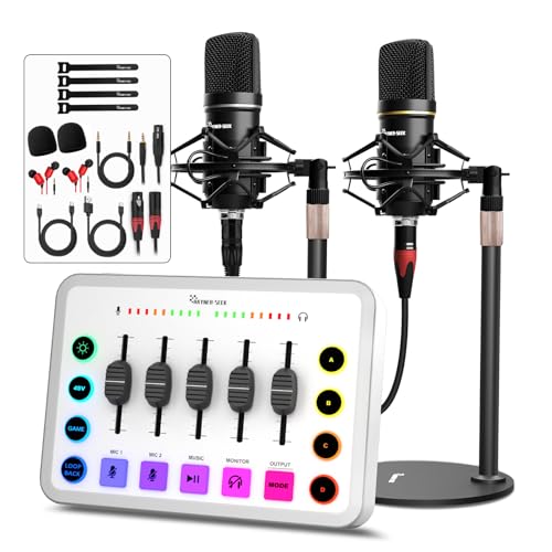 Podcast Equipment Bundle for 2, Streaming Audio Interface with 5 Channel, XLR Microphone Interface, RGB,48V Phantom Power, Perfect for Game,Podcast,Record,TikTok-White (H1)