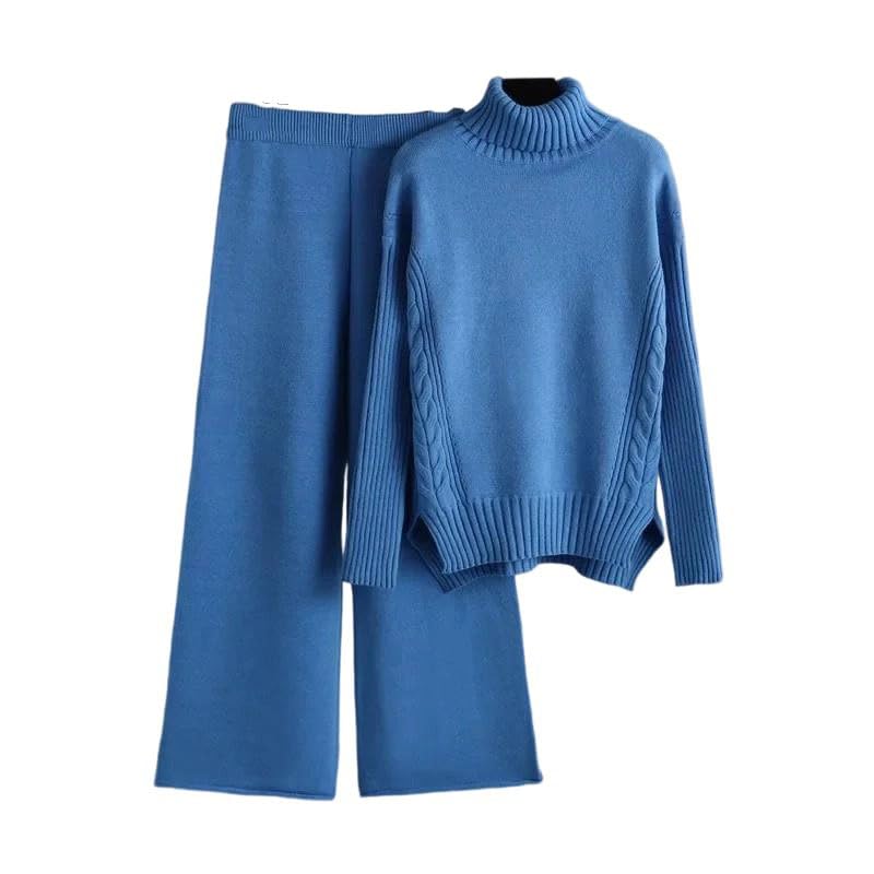 Conjunto de 2 piezas de suéter de punto para mujer, pantalones deportivos con cintura elástica, azul, XL