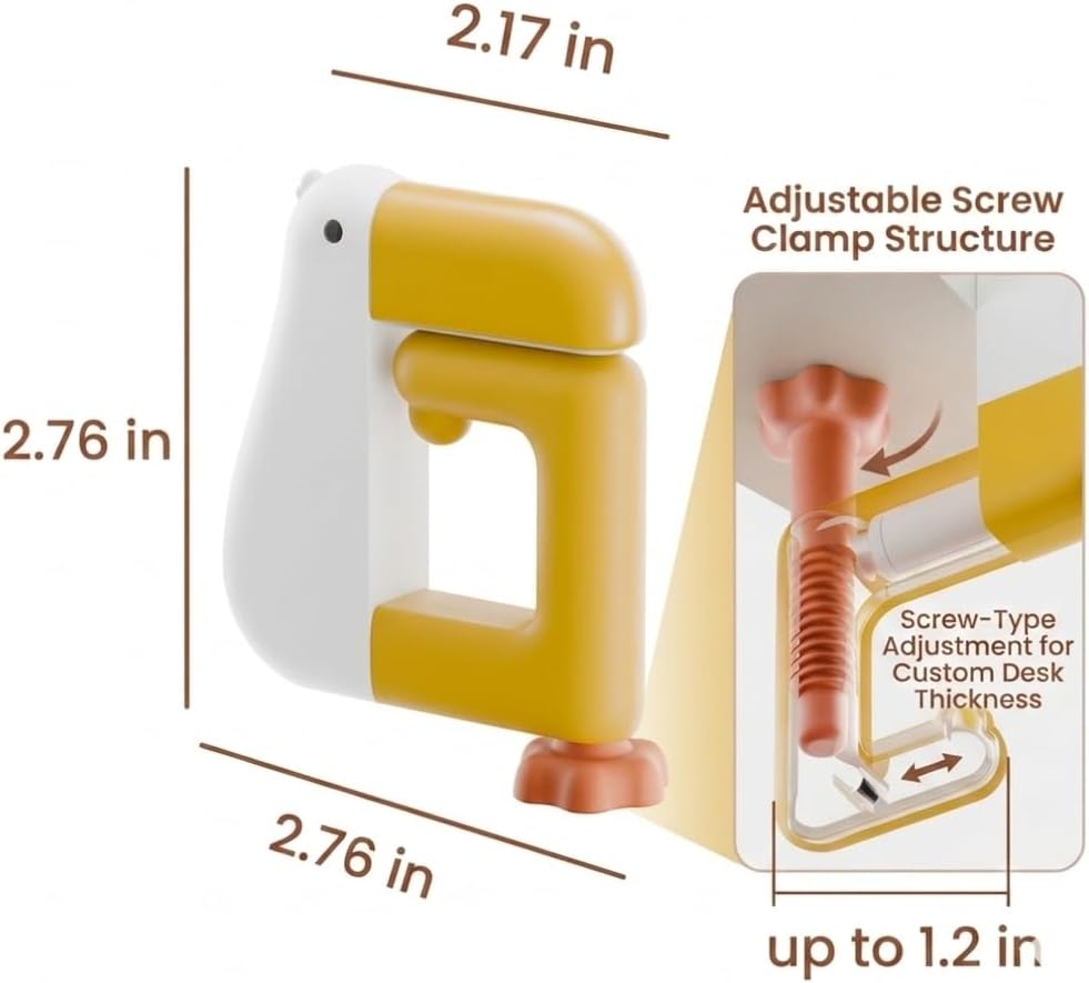 Adjustable Desk Bag Hook for School & Office, Cute Duck Portable Purse Hanger for Table, Non-Slip Screw Clamp Backpack Holder, No-Drill Folding Table Hook for Student Desk & Library (White)