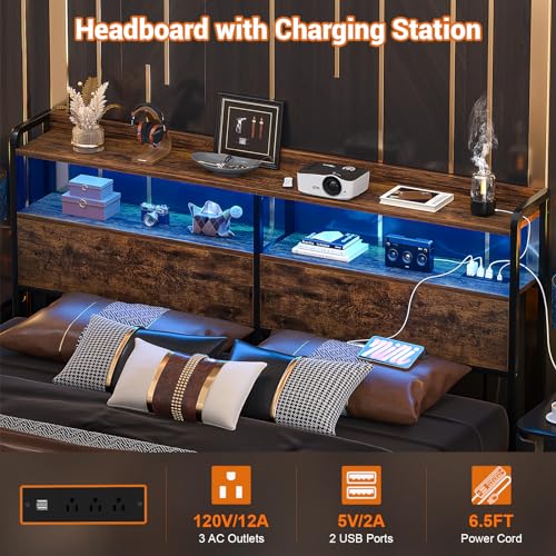 Aheaplus Headboard for Queen Size Bed Frame, Headboards with Outlets, USB Ports and LED Light, Head Board with Storage, Height Adjustable, Sturdy and Stable Headboard, Queen Size, Rustic Brown by Aheaplus - Used condition - Image 2