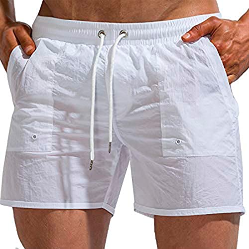 Tofern White Swim Trunk Men Board Shorts Quick Dry Men's Swim Shorts Swimsuit Drawstring Beach Bathing Suit with Liner