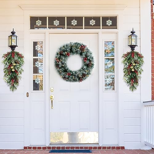 Glitzhome 26" Christmas Teardrop Door Swag with Berries, Xmas Pinecones Bells Frosted Green Pine Needle Garland for Front Door Indoor Holiday Decor by Glitzhome - Image 6