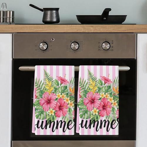 Qiaullityot Pink Flowers Kitchen Towels Set of 4, Microfiber Dish