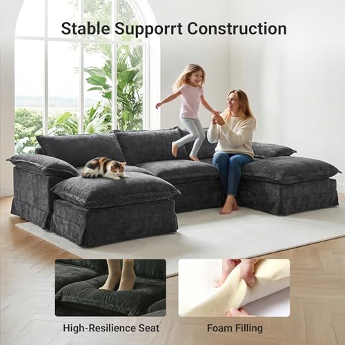 Image of Claiks 123 inch Modular Boneless Couch, L Shaped Couch for Living Room, Modern Deep Seat Sofa 3 Seater Chenille Fabric Comfy Cloud Couches with Movable Ottoman, Dark Grey