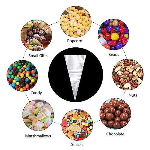 LucyStudio Transparent Sweet Cone Bags 16x30cm 100pcs with 100pcs Gold Twist Ties Triangle Cellophane Bags Crystal Clear Cone Bags for Party Christmas Wedding Candies Popcorn Marshmallow Snacks Gifts - Image 4