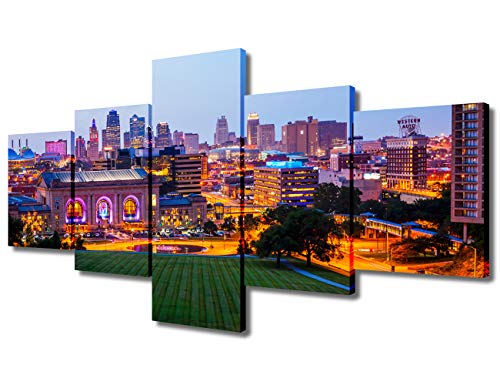 TUMOVO Contemporary Kansas Cityscape Wall Art Union Station Canvas Print Colorful Canvas City Panoramic Multiple Sizes Gallery Wrapped Canvas on Pine Wooden Frame Ready to Hang(50" Wx24 H)