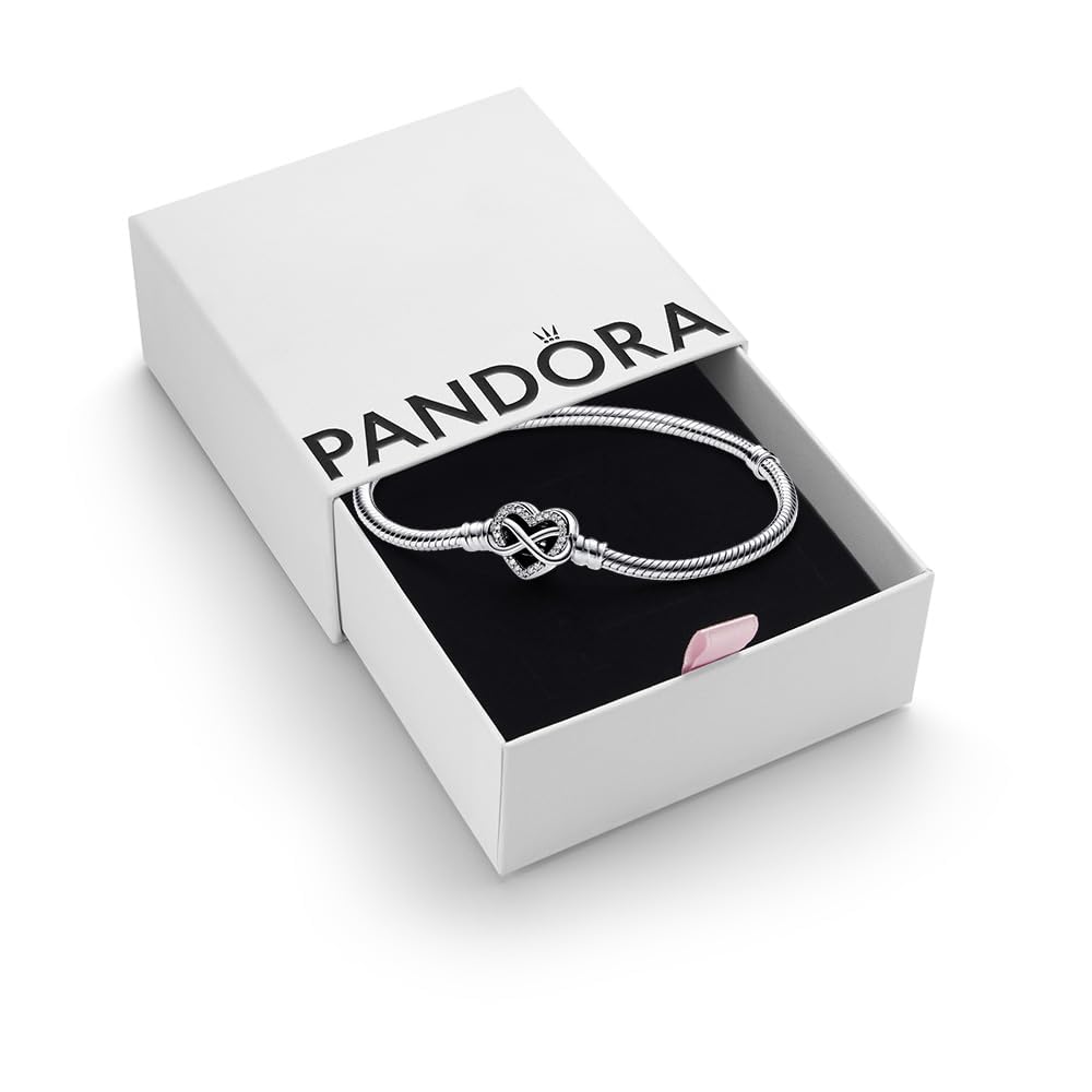PANDORA Moments Sparkling Infinity Heart Clasp Snake Chain Bracelet, Size 18- With Gift Box