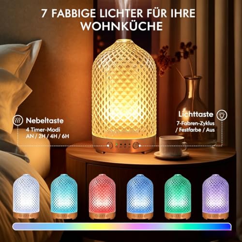Aroma Diffuser aus Glas 200ML Ultraschall Aromatherapie Diffusor für ätherische Öle, 7 Farben-Beleuchtung, Automatische Abschaltung, Luftbefeuchter Elektrisch Duftlampe für Schlafzimmer Büro Spa – Bild 2