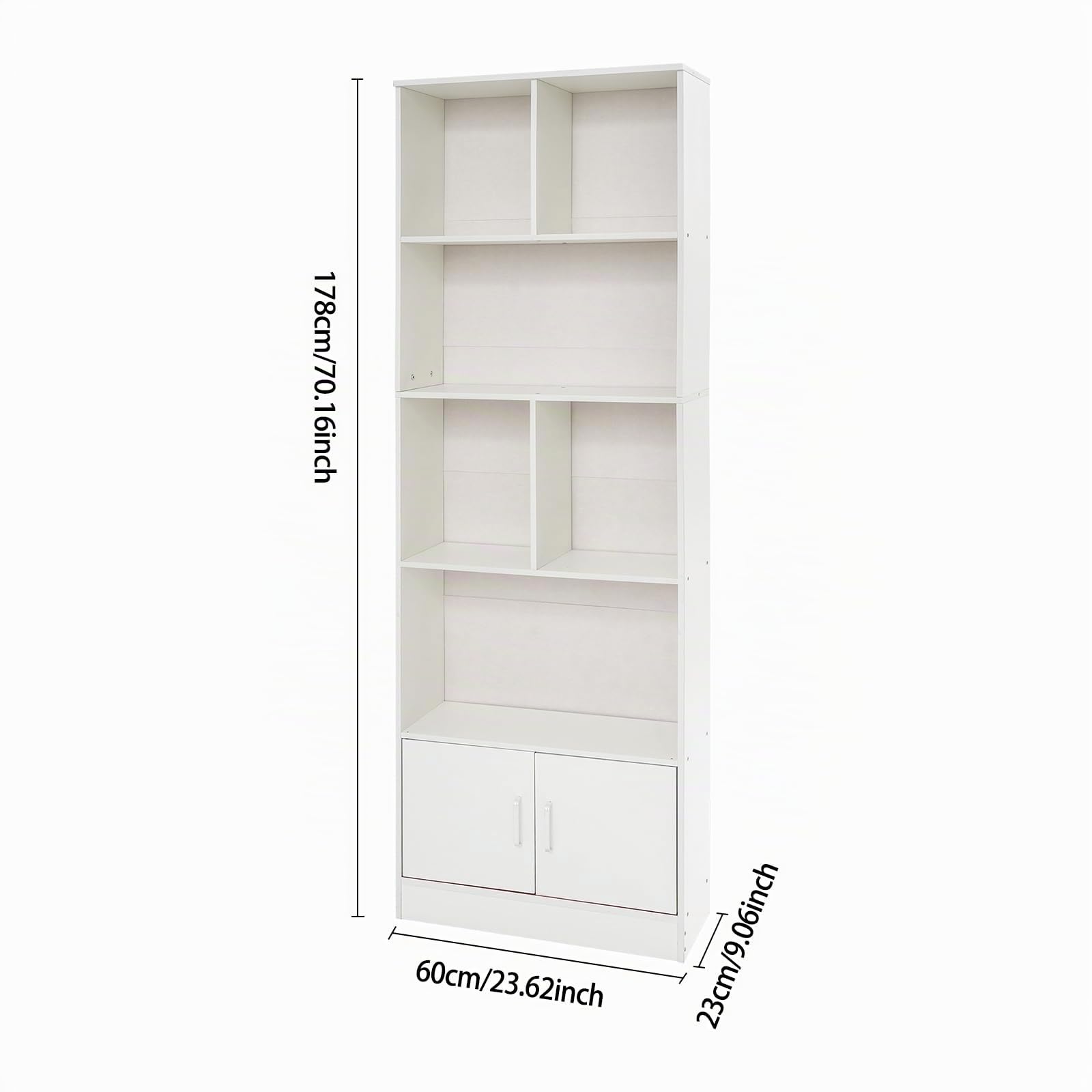 Estantería, estantería con 2 puertas, 6 compartimentos, estantería alta con 5 niveles, estantería escalonada, estantería de pie, para salón, oficina, cocina, 60 x 23 x 178,2 cm, color blanco