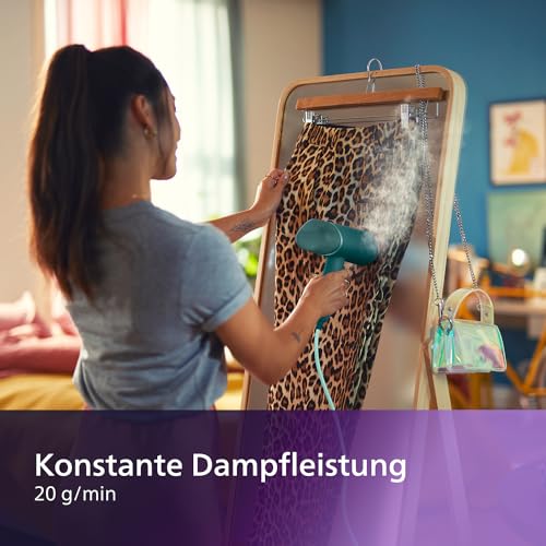 Philips 3000-Serie Tragbarer Dampfglätter - 1000 W, 20 g/min Dampfdruck, Abnehmbarer 120-ml-Wassertank, Metall-Dampfplatte, inkl. Aufbewahrungsbeutel, 660g leicht, Dunkelgrün (STH3020/70)