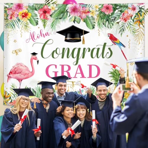 AIBIIN Aloha Congrats Grad Backdrop Aloha Grad Party Banner Hawaiian Graduation Decorations Summer Tropical Class of 2026 Graduation Party Supplies 70.8x43.3 Inch by AIBIIN - Image 5