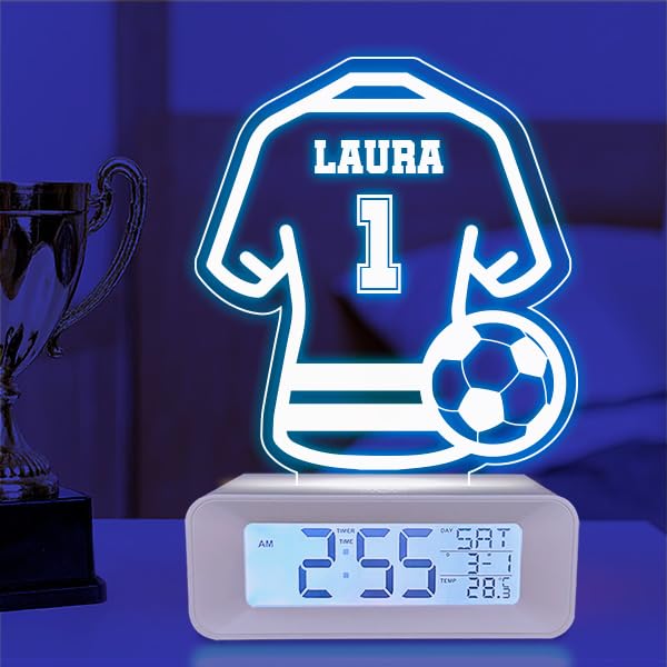 Transparent Gift Reloj Despertador Personalizado con Nombre Camiseta Fútbol con Luz LED. Lámpara con Luz Nocturna Mesita Noche. Regalos Originales para Cumpleaños. Despertadores Personalizados Deporte