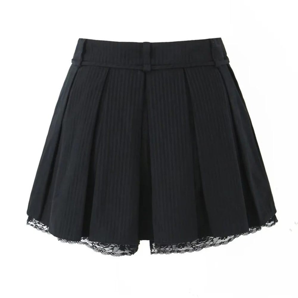 SWEPER Falda Corta De Mujer - Falda A Rayas con Decoración De Encaje, Accesorios Elegantes para Cinturón, Minifalda Acampanada De Cintura Alta con Cremallera