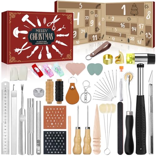 MOVINPE Leather Crafting Kit Advent Calendar, 24 Days Leather Working Tools & Supplies for Beginners & Craft Enthusiasts, Christmas Countdown Gift Sewing Carving Cutting Punching Stamping Tools
