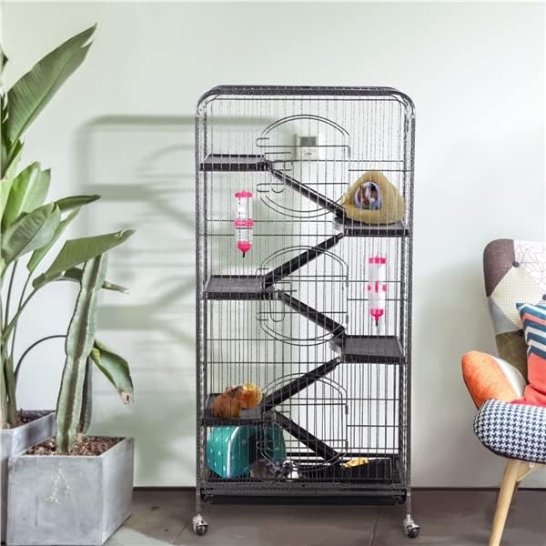 Small Animal Cage with Wheels, Rodents Cage with 5 Ramps and 5 Platforms, Multi-Level Metal Ferret Enclosure Cage with 3 Doors for Guinea Pigs, Ferrets, Chinchillas Black