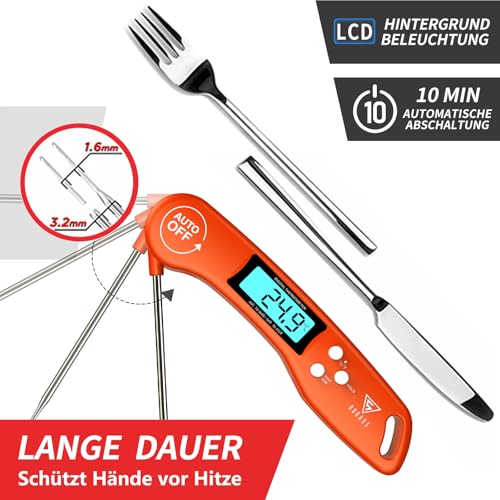 DOQAUS Grillthermometer Fleischthermometer Küchenthermometer Bratenthermometer Kochthermometer mit 3s Sofortiges Auslesen, LCD Bildschirm und Lange Sonde, für Kochen, BBQ (Orange) 4
