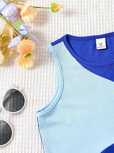 Image of SHENHE Girl's Colorblock Ribbed Knit Round Neck Sleeveless Slim Fit Tank Top Royal Blue 10Y