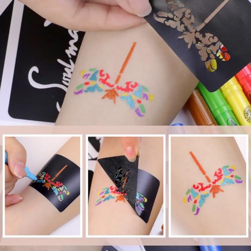 Temporary-Tattoo-Markers-for-Skin-15-Body-Markers-56-Large-Tattoo-Stencils-2-sheets-Glow-Stickers-for-Kids-and-Adults-Dual-End-Tattoo-Pens-with-Bold-and-Fine-Lines-safty-inkZYH2310001KIT