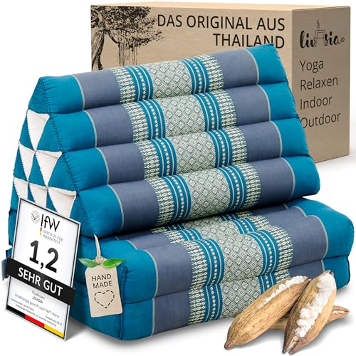 livasia Thaikissen mit 2 Auflagen - 120x50x8cm - Dreieckskissen mit Sitzkissen, Keilkissen mit Kapok, Rückenkissen faltbar, Thaimatte zum Klappen, handgefertigt, Meditationskissen (Hellblau)