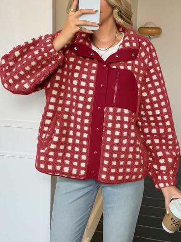 Tankaneo Womens Plaid Sherpa Jacket Fuzzy Fleece Stand Collar Button Down Jacket Winter Warm Outerwear3