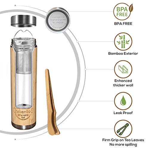 Chabamboo Bamboo Tumbler - 17Oz - W/Tea Infuser And Strainer - Coffee Bottle - Insulated Travel Tea Mug To Go - Tea Thermos & Tea Gift + Loose Leaf Tea Steeper - Tea Tong & Tea Squeezer #TOP2