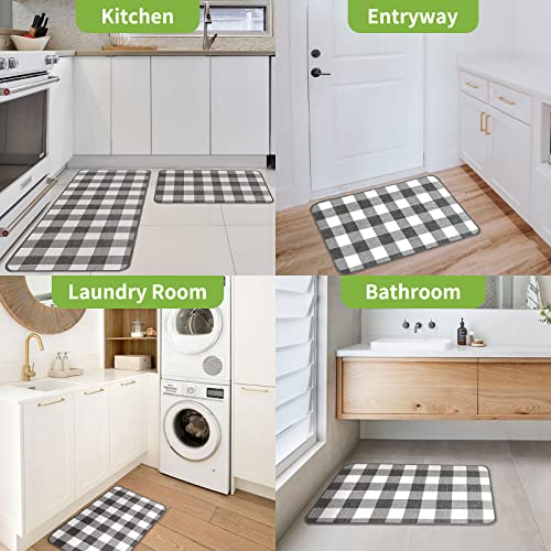 Matace Gray & White Buffalo Plaid [2 Pcs] Kitchen Rugs Set - Runner & Mat, Quick Absorbent, Machine Washable, Ideal For Stove, Sink, Laundry Room, Fireplace #TOP3