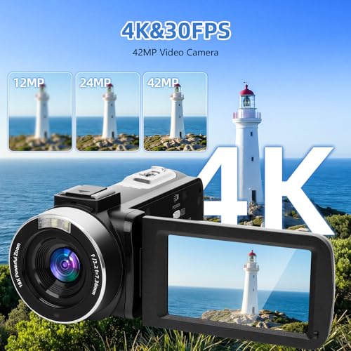 Camcorder Video Camera 4K, 42MP Vlogging Camera for YouTube with 18X Digital Zoom, 3.0" 270° Flip Screen, Includes 32GB SD Card, 2 Batteries, Remote, Webcam Mode - Image 3