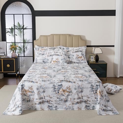 FADFAY Toile Sheets Set King 100% Egyptian Cotton French Country Toile de Jouy Bedding Classic Black and Gold Floral Bed Sheets Shabby Farmhouse Bedding Breathable Soft Deep Pocket 4Pcs, King Size by FADFAY - Used condition - Image 9