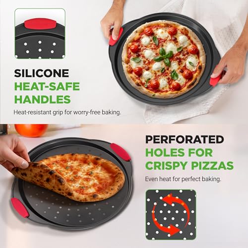 Image of NutriChef 2-Piece 13-Inch Nonstick Pizza Tray, Round Carbon Steel Non-Stick Pizza Pan with Perforated Holes, Premium Bakeware Pizza Screen with Silicone Grip Handles, Dishwasher Safe, NCBPIZX2