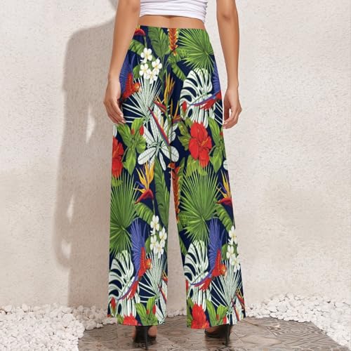 Palazzo Pants for Women - Tropical Plant Cute Colorful Parrot Womens Wide Leg Baggy Pants, Comfy Casual Lounge Pants4