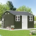 VanAcc 10 x 12FT Outdoor Storage Shed with a Lockable Hinged Door and 2 Windows, Nordic Cottage Metal Shed for Backyard, Garden, Patio, Dark Grey/White