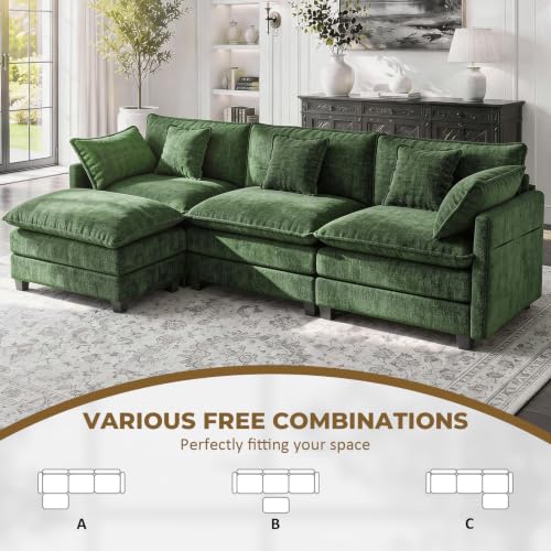 Image of 112 inch L-Shape Modular Sofa with 1 Ottomans, Deep Seat Cloud Convertible Sleeper, 3 Throw 2 Arm Pillows, Comfortable Upholstered Furniture for Living Room Apartment, Green