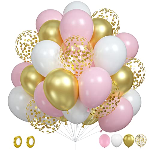 Image of Pink Gold Balloons, 60PCS Pink White Gold Birthday Balloons, 12 Inch Metallic Gold Confetti Balloons Macaron Pink Latex Balloons for Helium Party Balloons for Birthday Wedding Baby Shower Decoration