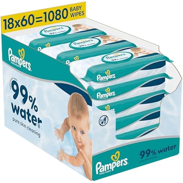 Pampers 99% Water Chusteczki Nawilżane Dla Dzieci, 18 Opakowania po 60 Chusteczek = 1080 szt., Lekki Balsam Składający Się W 99% Z Wody