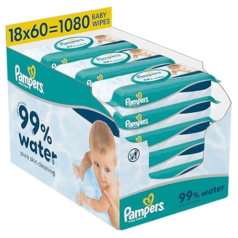 Pampers 99% Water Chusteczki Nawilżane Dla Dzieci, 18 Opakowania po 60 Chusteczek = 1080 szt., Lekki Balsam Składający Się W 99% Z Wody